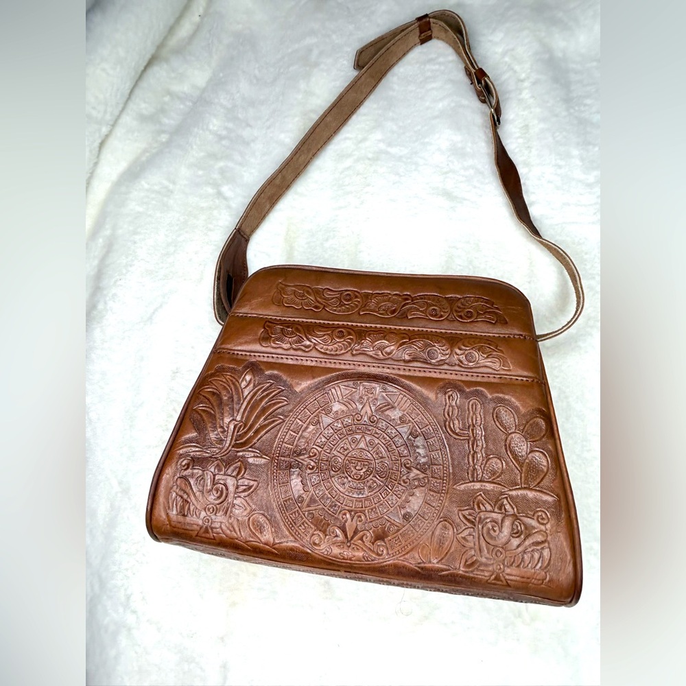 Vintage Hand Tooled Leather Shoulder Bag; dark Caramel Leather W/ Suede Interior